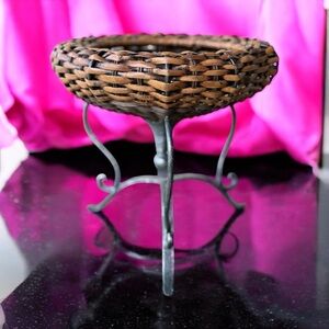 Vintage Woven Rattan Pedestal Basket with Metal Legs Brown Round